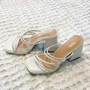 White Snakeskin Platform Block Heel Strap Mules